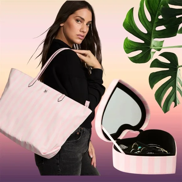 New Victoria’s Secret iconic stripe large tote and Heart Jewelry Box bundle - Picture 5 of 10